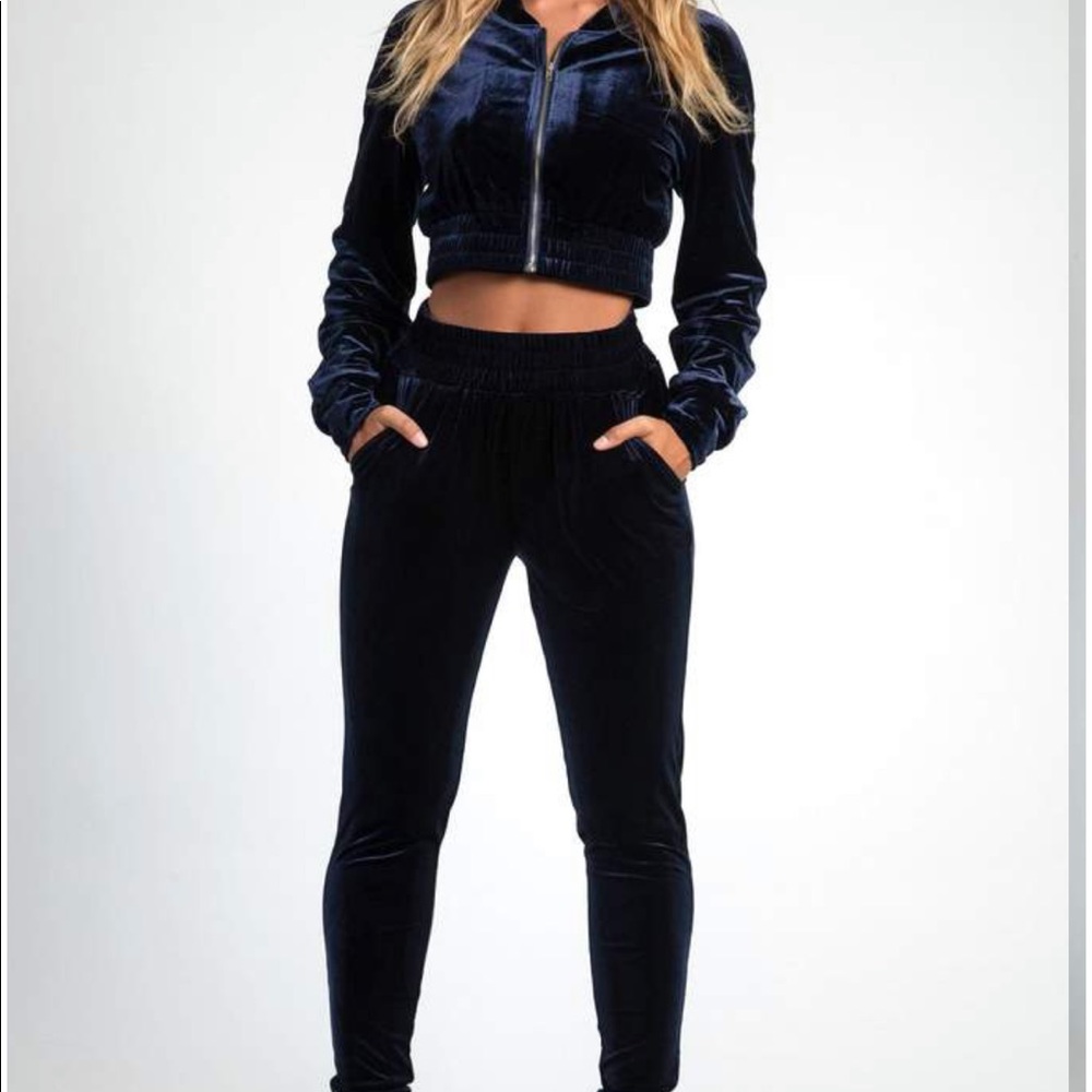 Navy crop velvet tracksuit from meshki